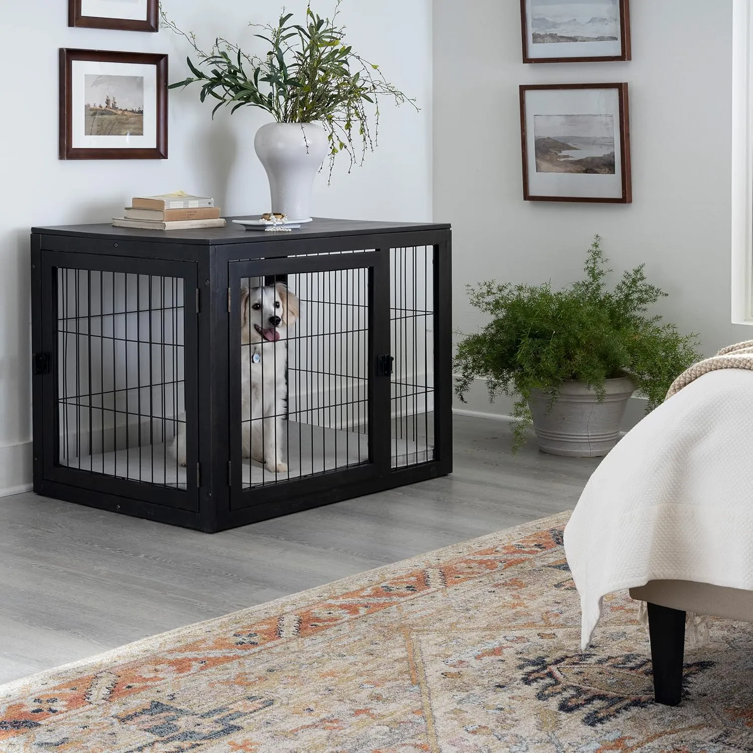 Furniture-Style Dog Crate - Acacia Wood Kennel for Large Dogs with Double Doors and Cushion - Dog Kennel Furniture by PETMAKER (Black)