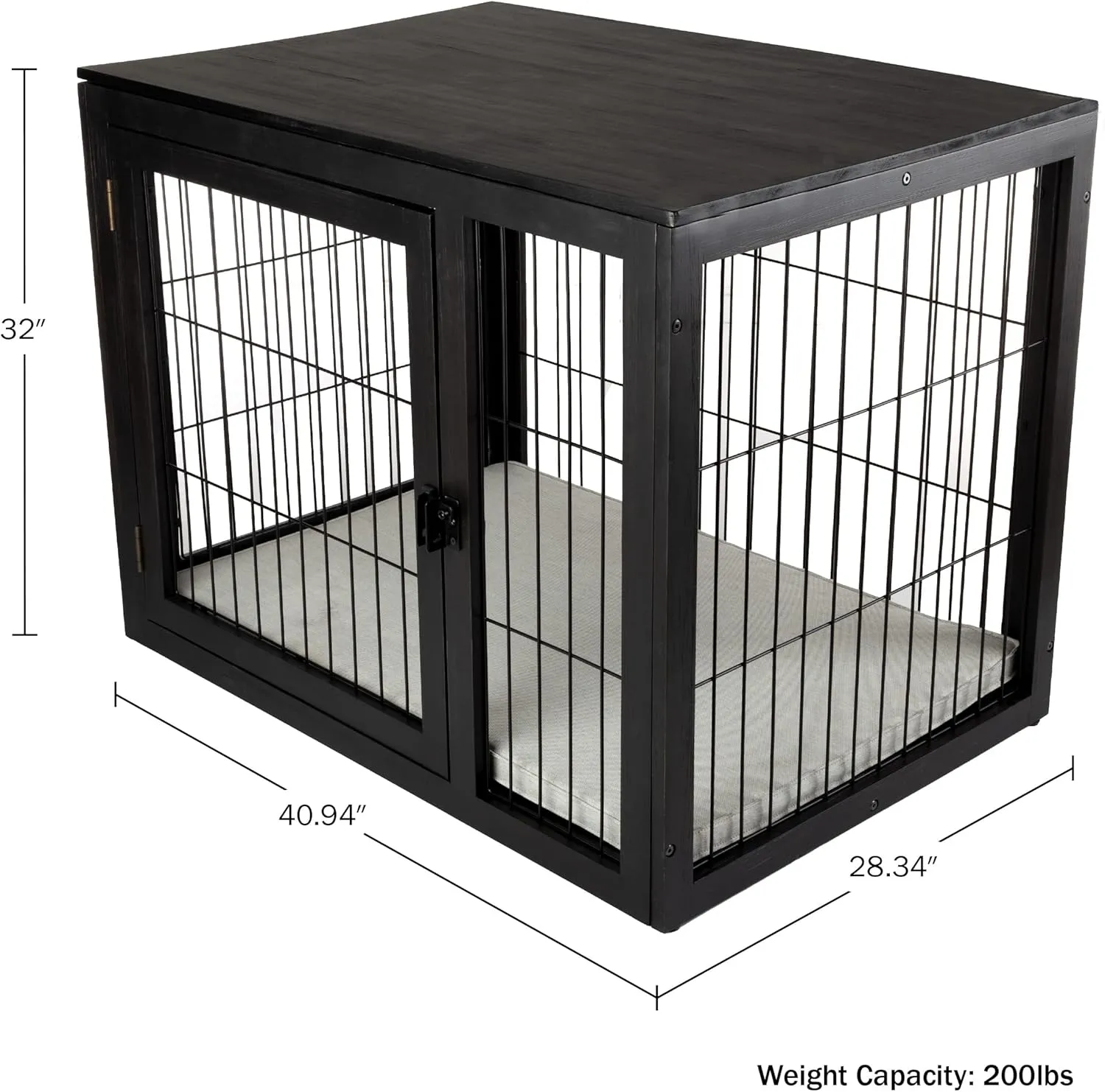 Furniture-Style Dog Crate - Acacia Wood Kennel for Large Dogs with Double Doors and Cushion - Dog Kennel Furniture by PETMAKER (Black)