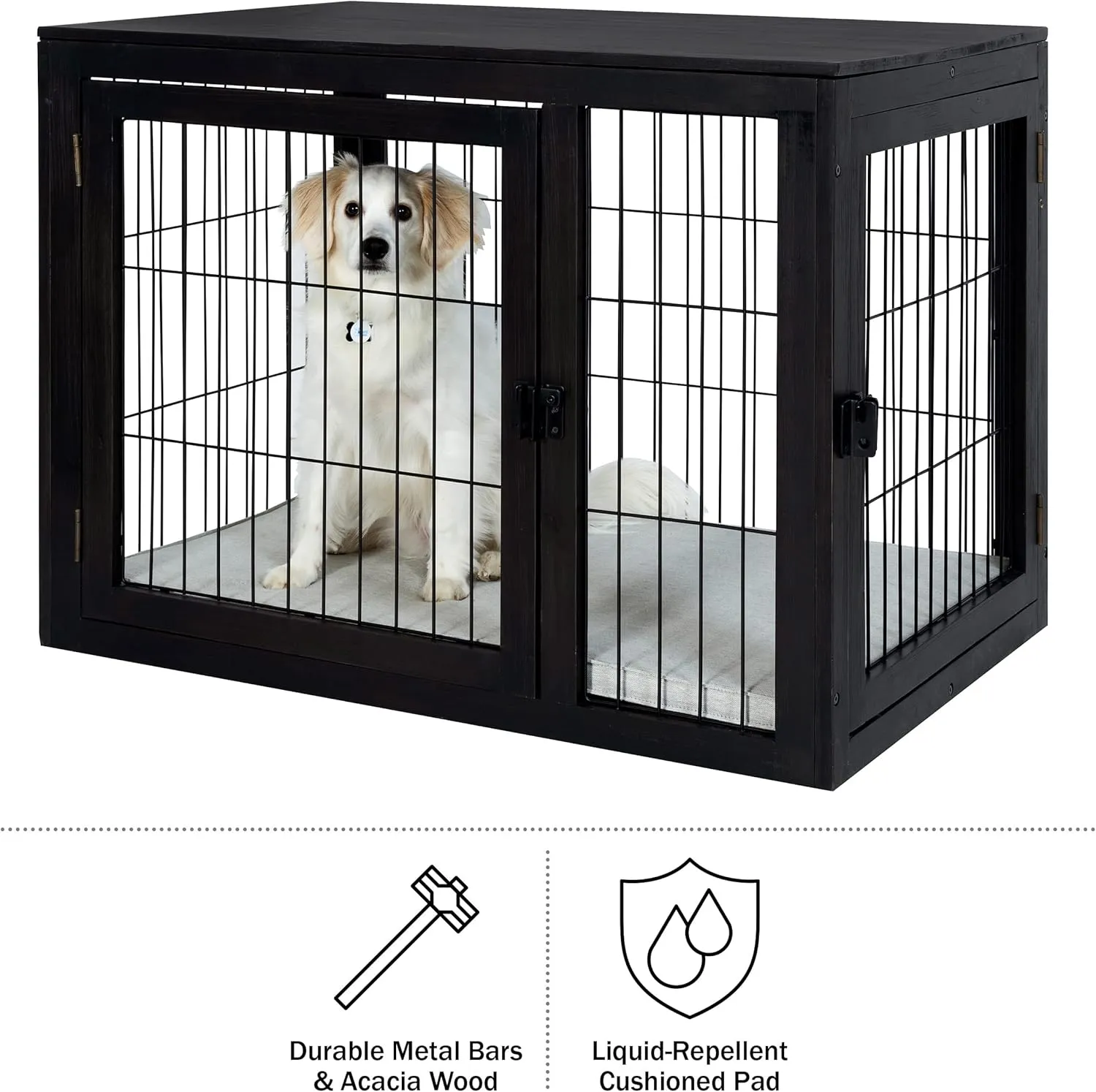 Furniture-Style Dog Crate - Acacia Wood Kennel for Large Dogs with Double Doors and Cushion - Dog Kennel Furniture by PETMAKER (Black)