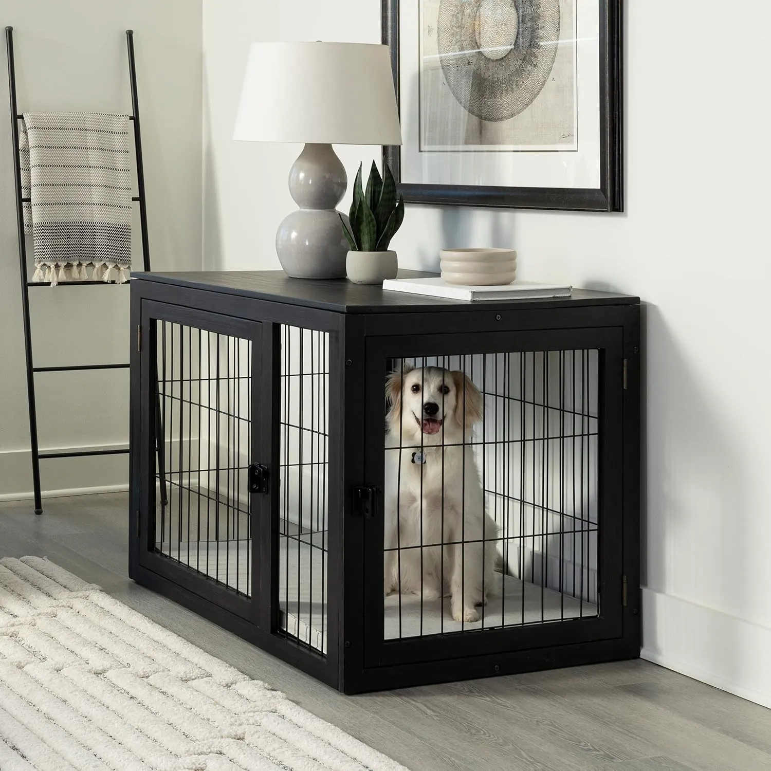 Furniture-Style Dog Crate - Acacia Wood Kennel for Large Dogs with Double Doors and Cushion - Dog Kennel Furniture by PETMAKER (Black)
