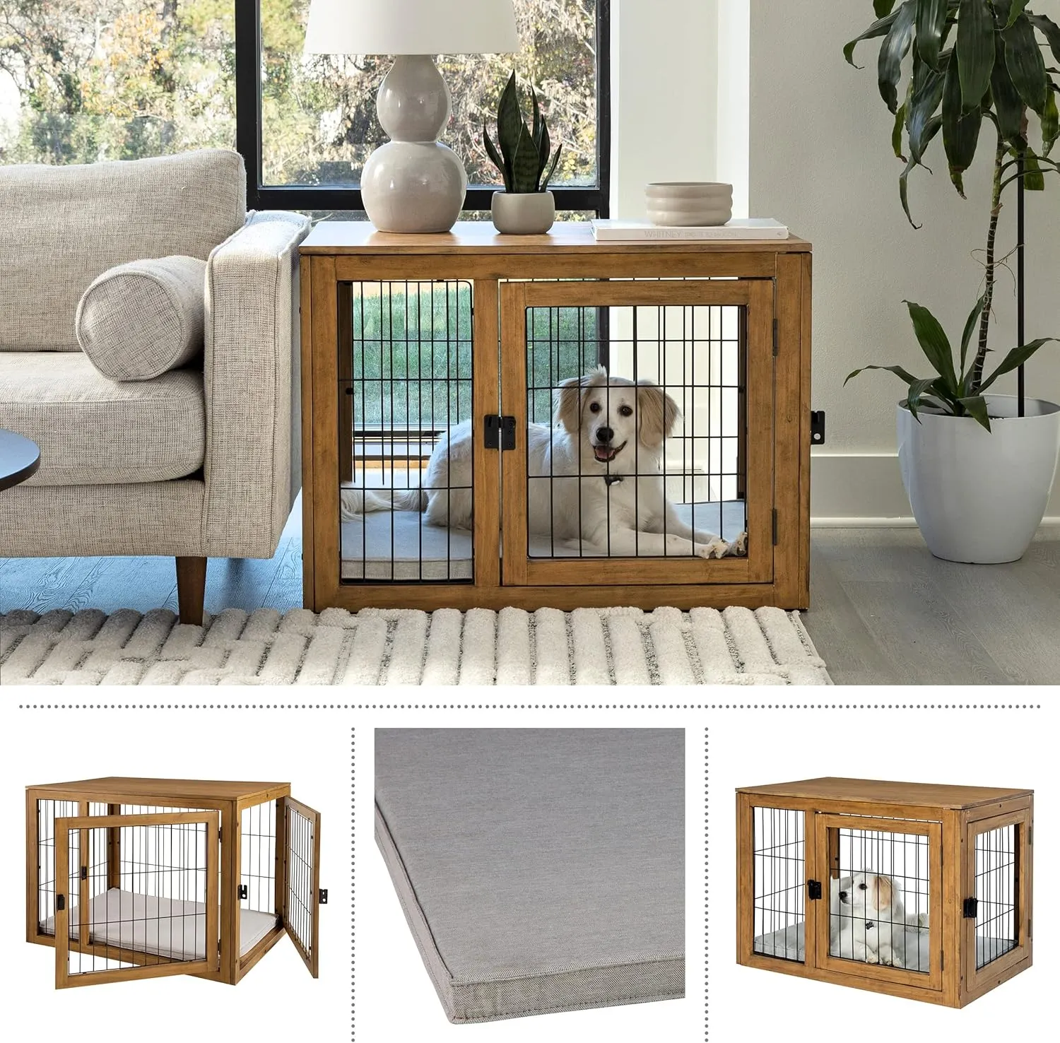 Furniture-Style Dog Crate - Acacia Wood Kennel for Large Dogs with Double Doors and Cushion - Dog Kennel Furniture by PETMAKER (Natural)