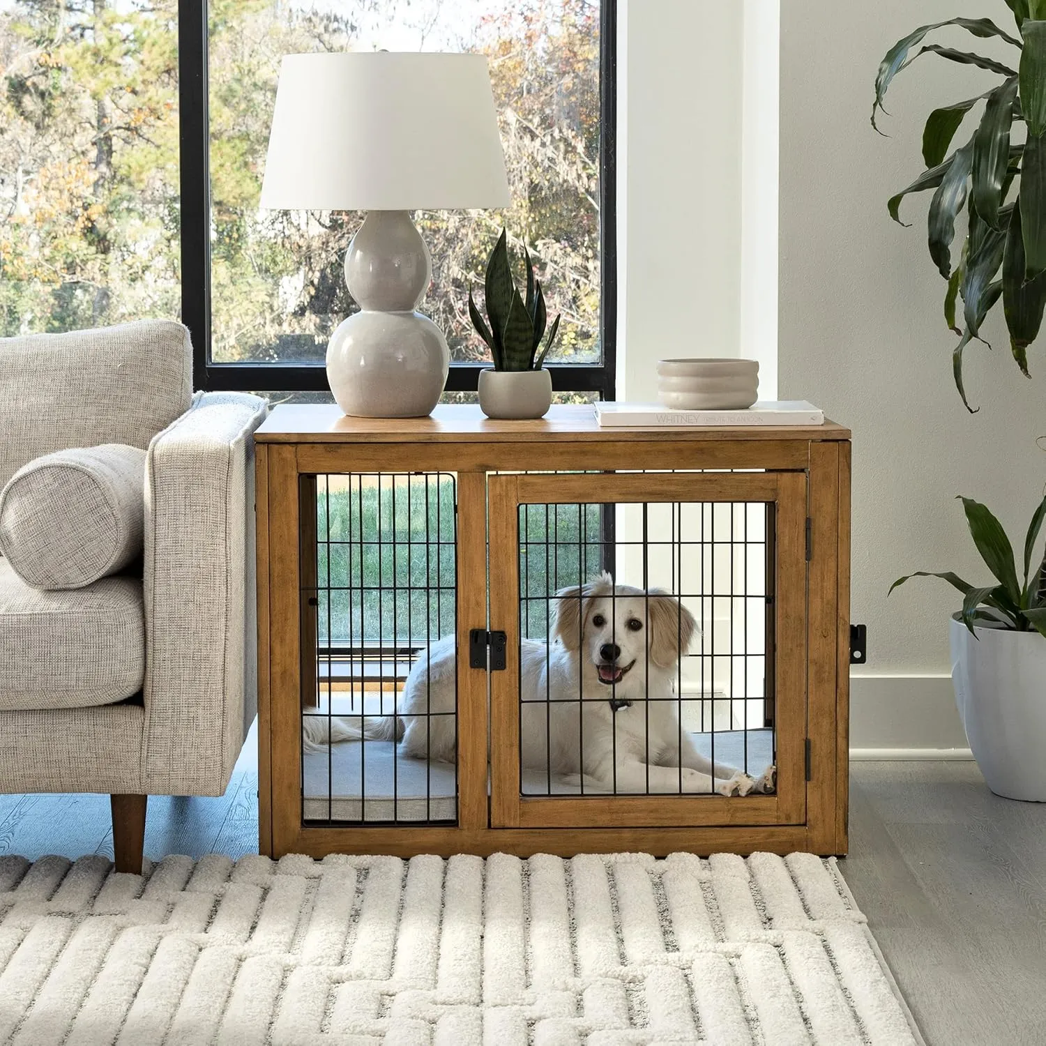 Furniture-Style Dog Crate - Acacia Wood Kennel for Large Dogs with Double Doors and Cushion - Dog Kennel Furniture by PETMAKER (Natural)