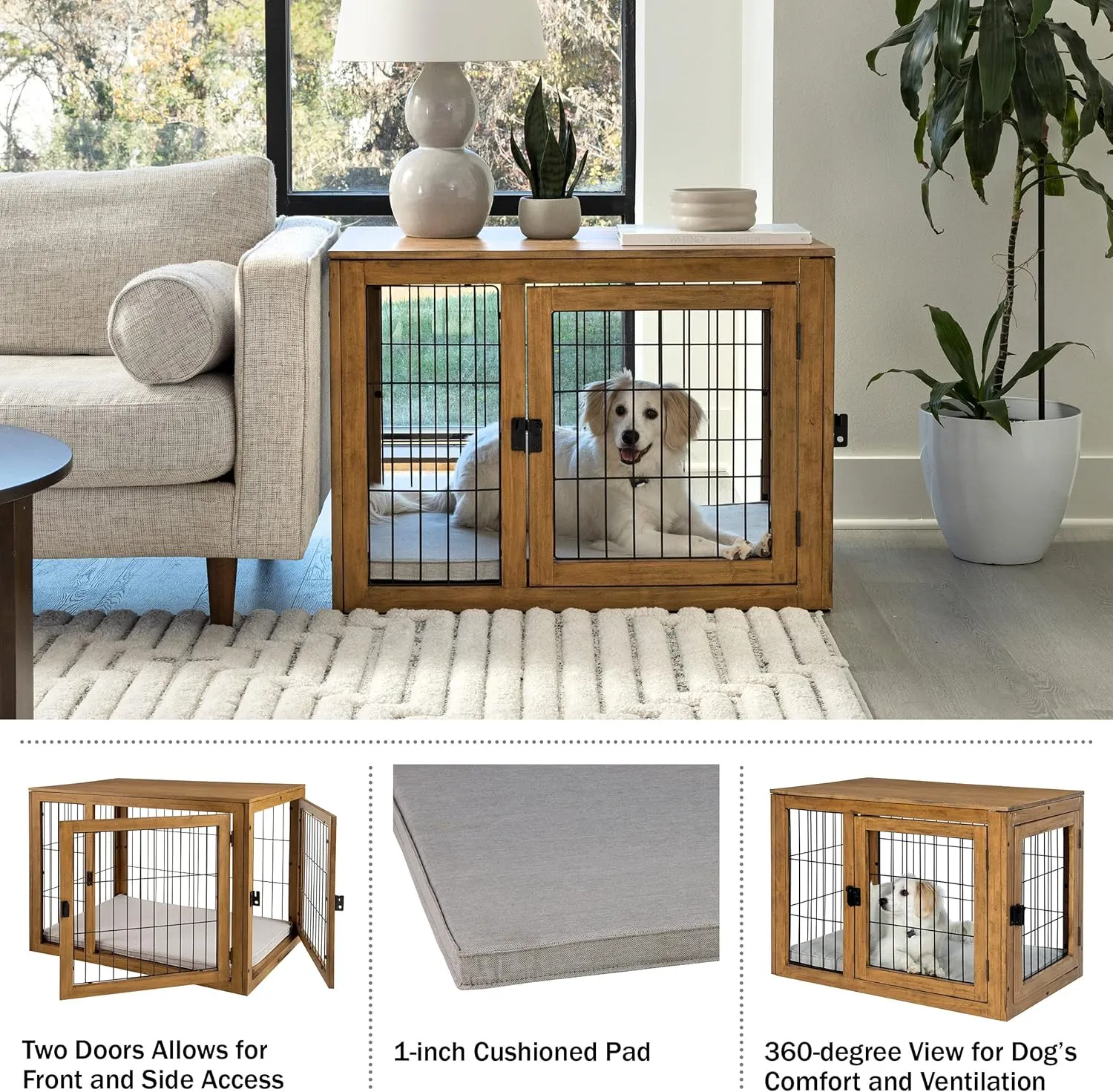Furniture-Style Dog Crate - Acacia Wood Kennel for Large Dogs with Double Doors and Cushion - Dog Kennel Furniture by PETMAKER (Natural)