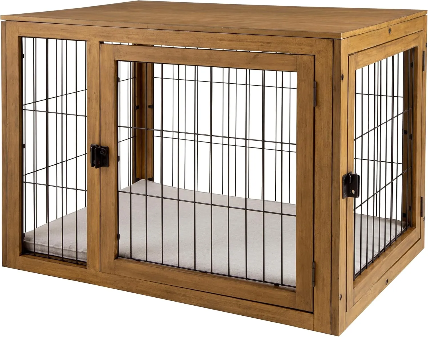 Furniture-Style Dog Crate - Acacia Wood Kennel for Large Dogs with Double Doors and Cushion - Dog Kennel Furniture by PETMAKER (Natural)