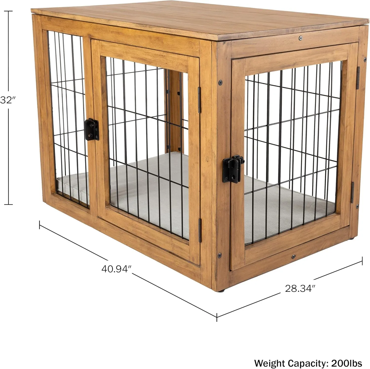 Furniture-Style Dog Crate - Acacia Wood Kennel for Large Dogs with Double Doors and Cushion - Dog Kennel Furniture by PETMAKER (Natural)