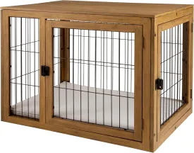 Furniture-Style Dog Crate - Acacia Wood Kennel for Large Dogs with Double Doors and Cushion - Dog Kennel Furniture by PETMAKER (Natural)