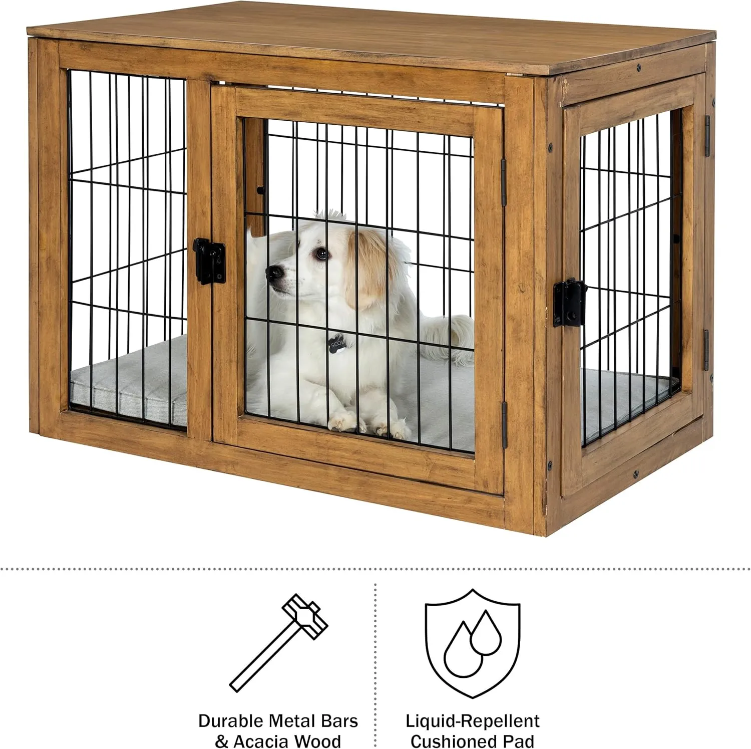 Furniture-Style Dog Crate - Acacia Wood Kennel for Large Dogs with Double Doors and Cushion - Dog Kennel Furniture by PETMAKER (Natural)