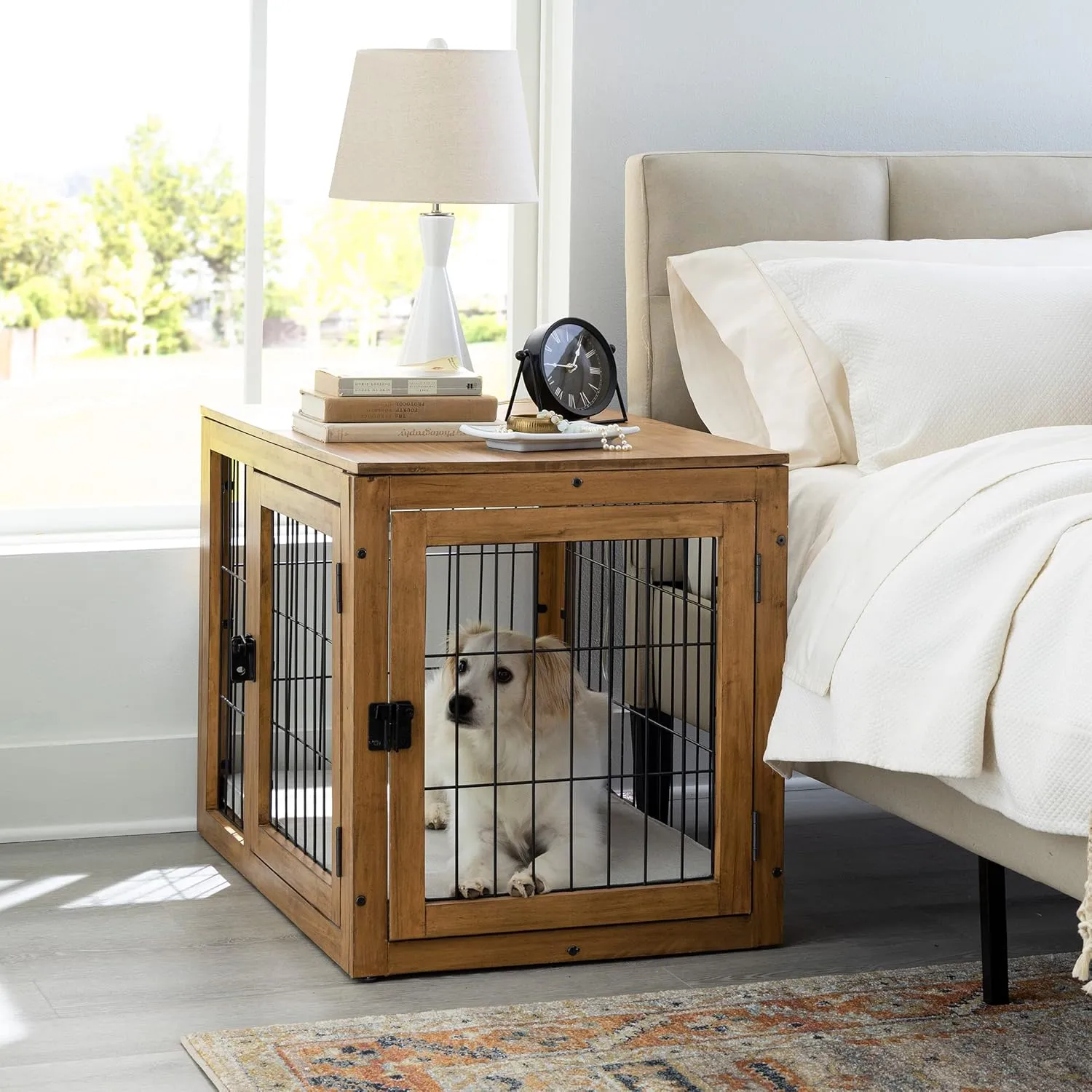 Furniture-Style Dog Crate - Acacia Wood Kennel for Large Dogs with Double Doors and Cushion - Dog Kennel Furniture by PETMAKER (Natural)