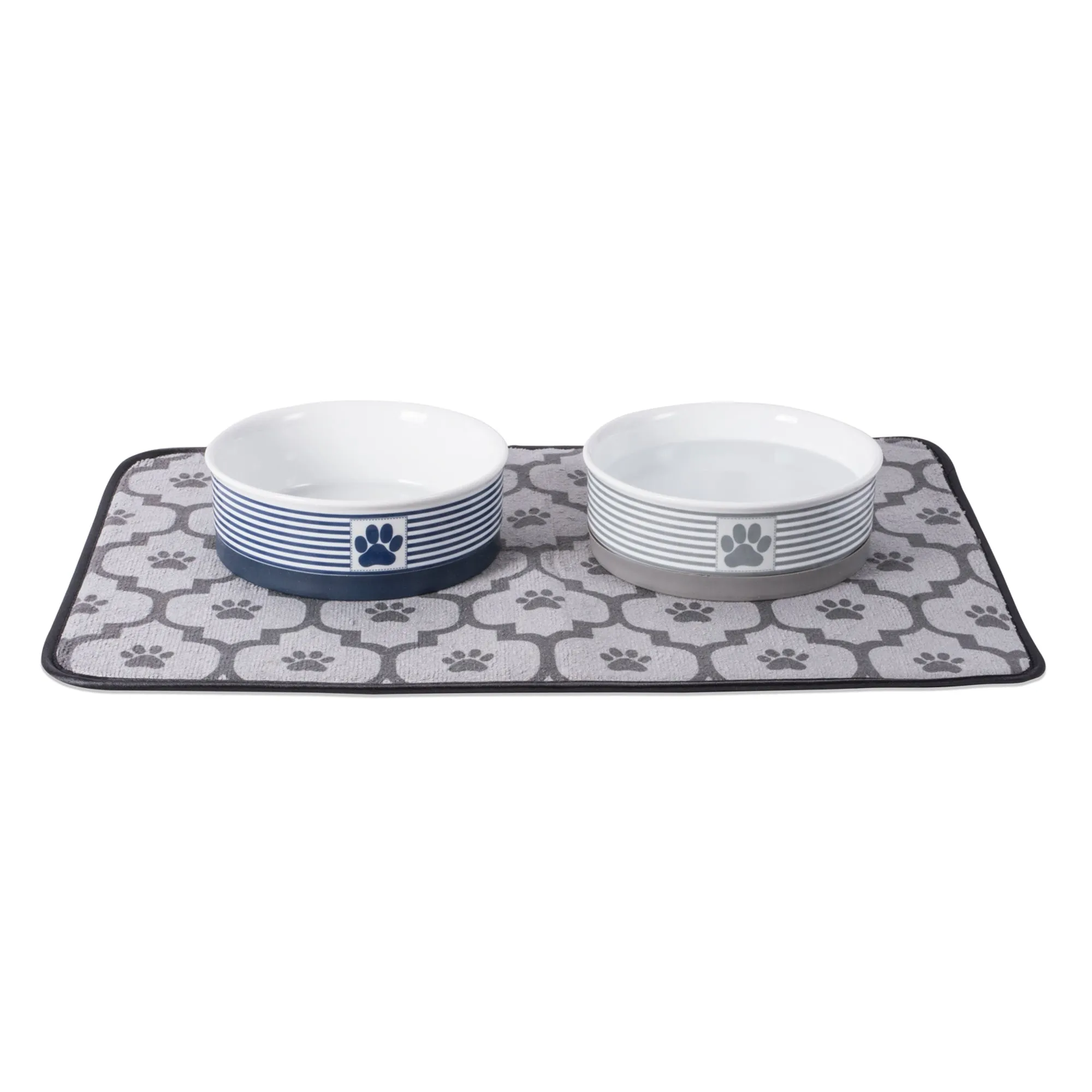 Gray Striped Paw Patch Pet Bowl Set of 2, Medium - 1.5 C. Capacity