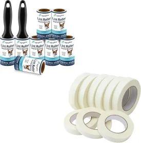 Home Cleaning & Painting Prep Bundle: skytogether Lint Rollers for Pet Hair Extra Sticky 2 Reusable Handles 8 Lint Roller Refills Pack and Beige Masking Tape 0.94 Inch Wide 9 Rolls Bundle