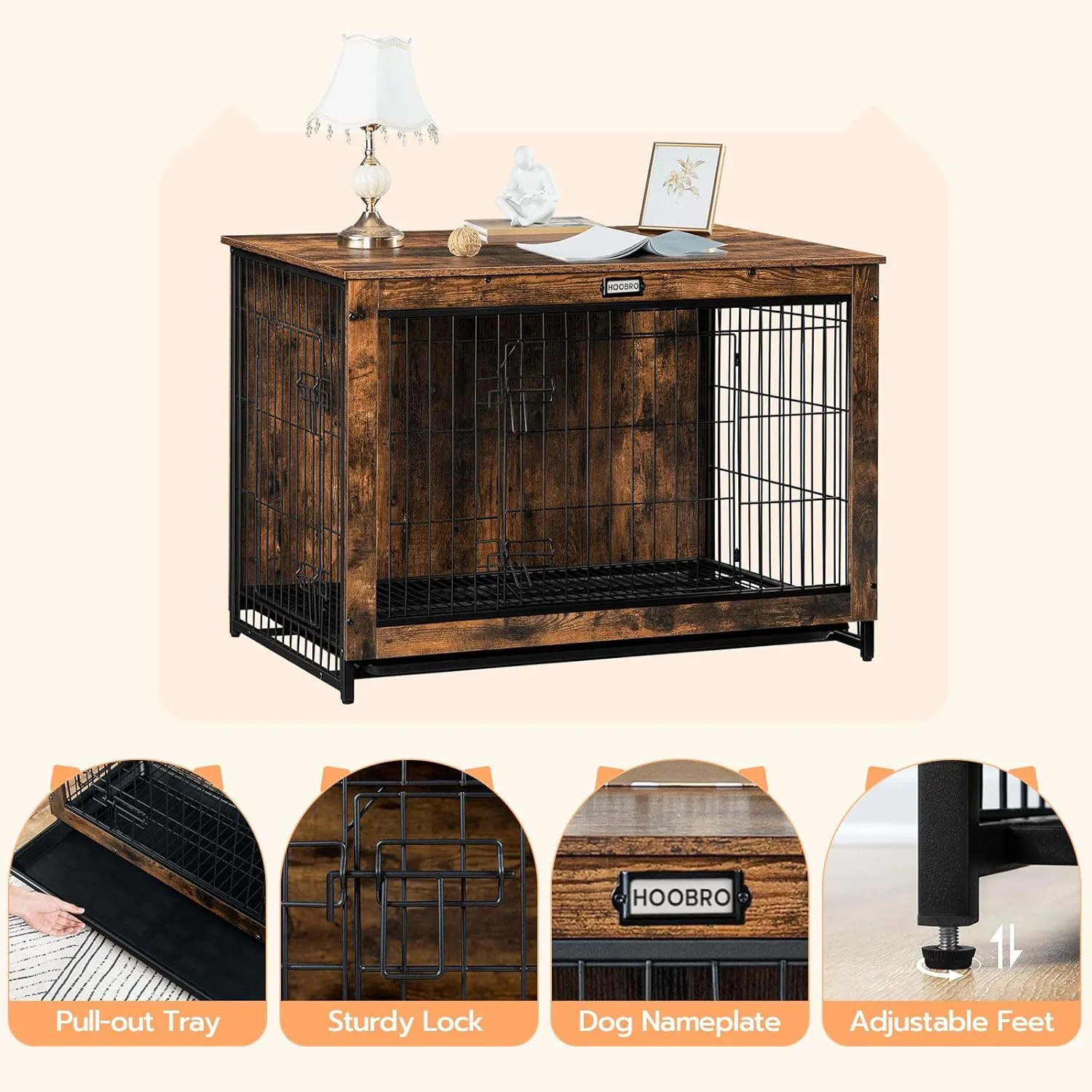 HOOBRO Dog Crate Furniture, 38.6" Large Dog Kennel Indoor, Wooden Cage with Pull-Out Tray, Double Doors Pet House Side End Table for Large/Medium/Small Dogs, Rustic Brown BF982GW03G1