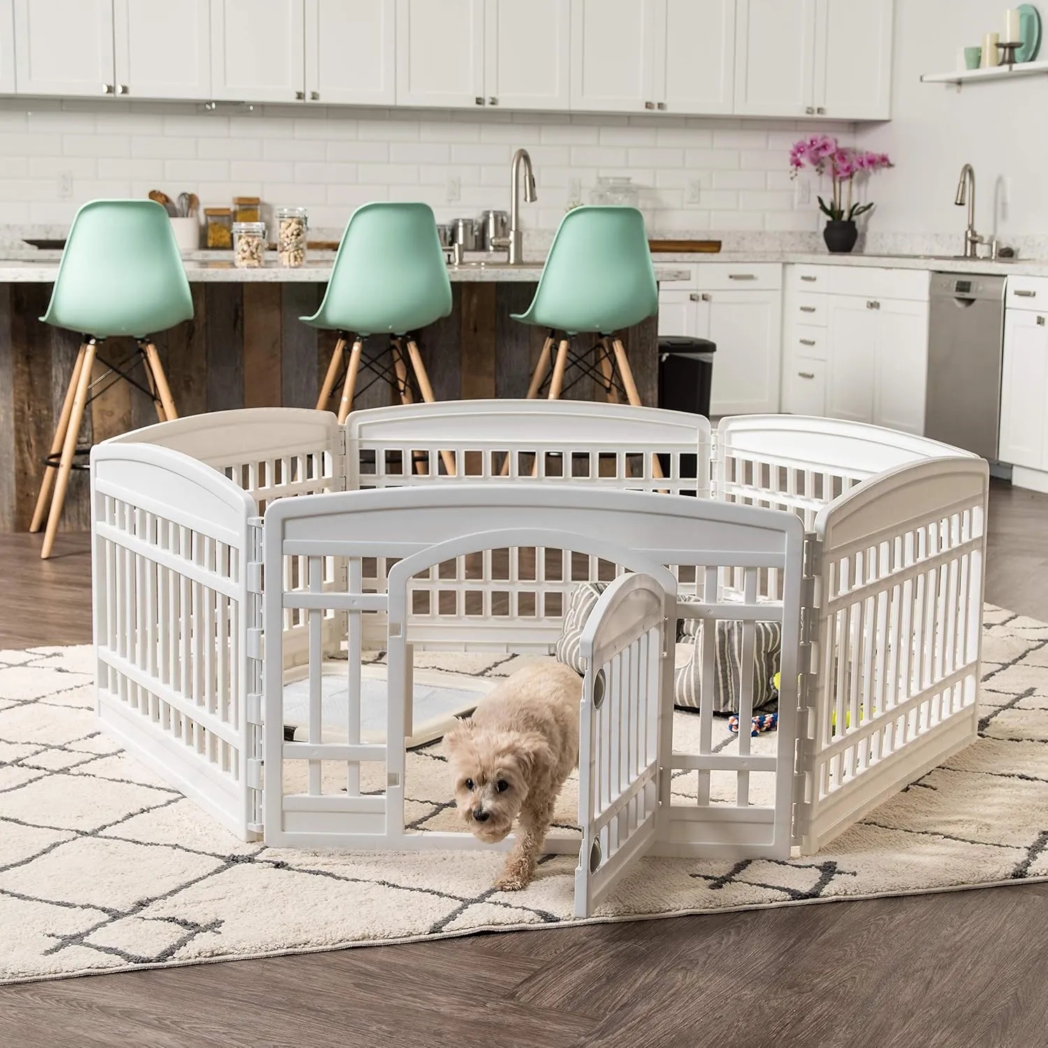 IRIS USA 24" 6-Panel Pet Dog Puppy Playpen with Door, For Puppy Small Dogs Keep Pets Secure Easy Assemble Easy Storing Customizable Non-Skid Rubber Feet, White
