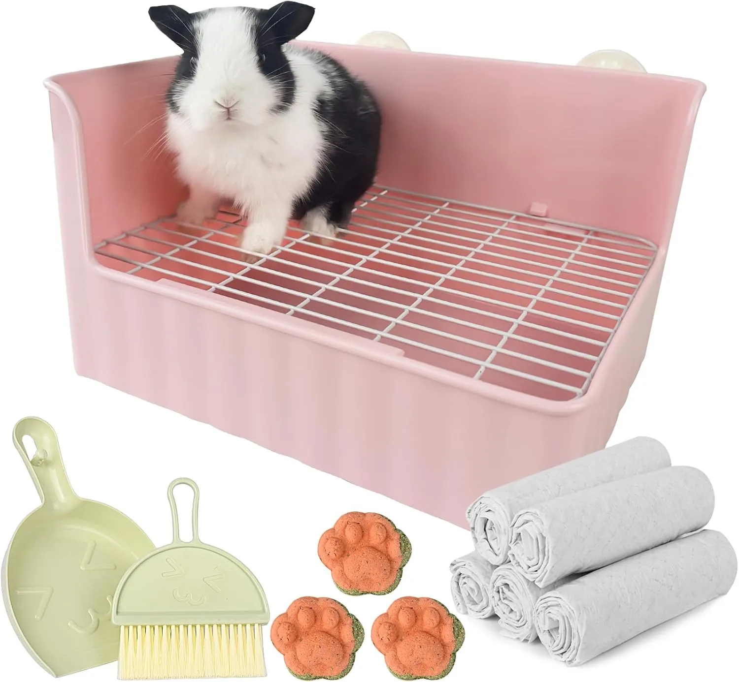 Large Rabbit Litter Box Bunny Potty Training Corner Litter Pan Comes with Liners Rabbit Pee Pads, Small Animal Bedding Toilet for Guinea Pig, Ferret, Hamster, Bunnies (Pink)