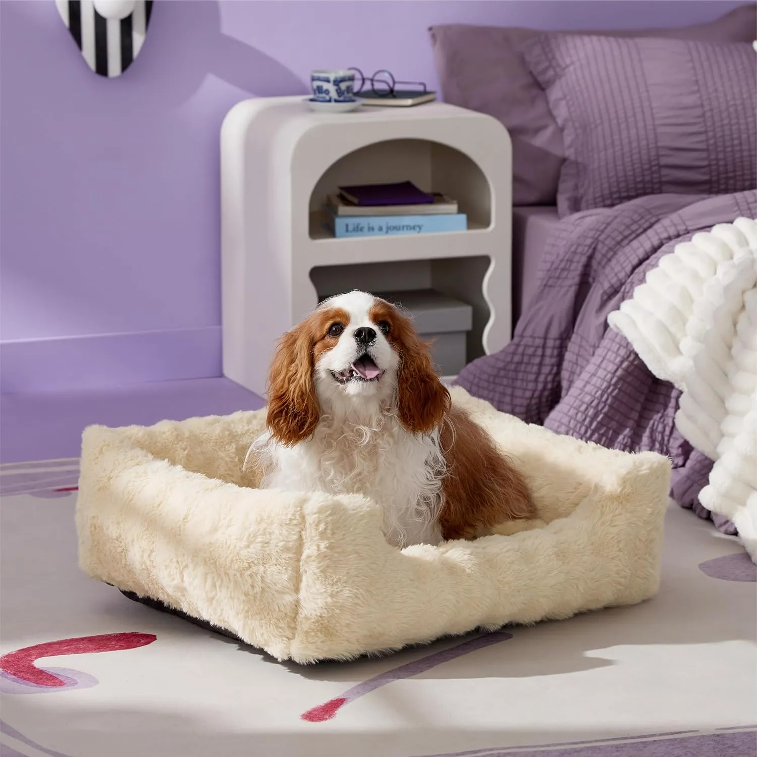 Lesure Fluffy Dog Beds for Medium Dogs - Rectangle Orthopedic Calming Pet Sofa,Plush Bubble Bolster Pet Bed with Removable Washable Cover and Nonskid Bottom,30x24x8inches,Beige