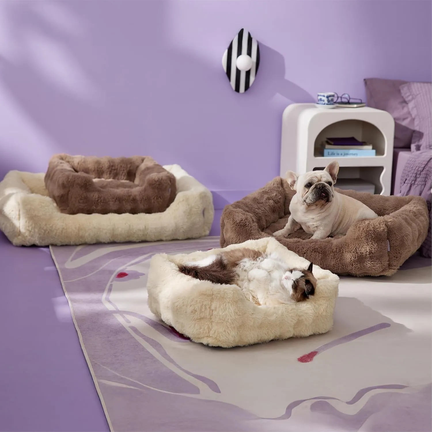 Lesure Fluffy Dog Beds for Medium Dogs - Rectangle Orthopedic Calming Pet Sofa,Plush Bubble Bolster Pet Bed with Removable Washable Cover and Nonskid Bottom,30x24x8inches,Beige