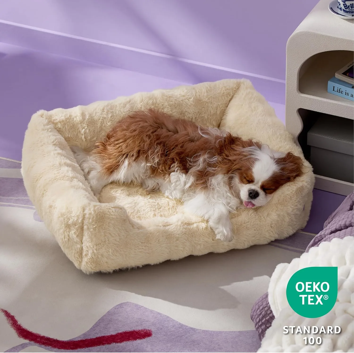Lesure Fluffy Dog Beds for Medium Dogs - Rectangle Orthopedic Calming Pet Sofa,Plush Bubble Bolster Pet Bed with Removable Washable Cover and Nonskid Bottom,30x24x8inches,Beige