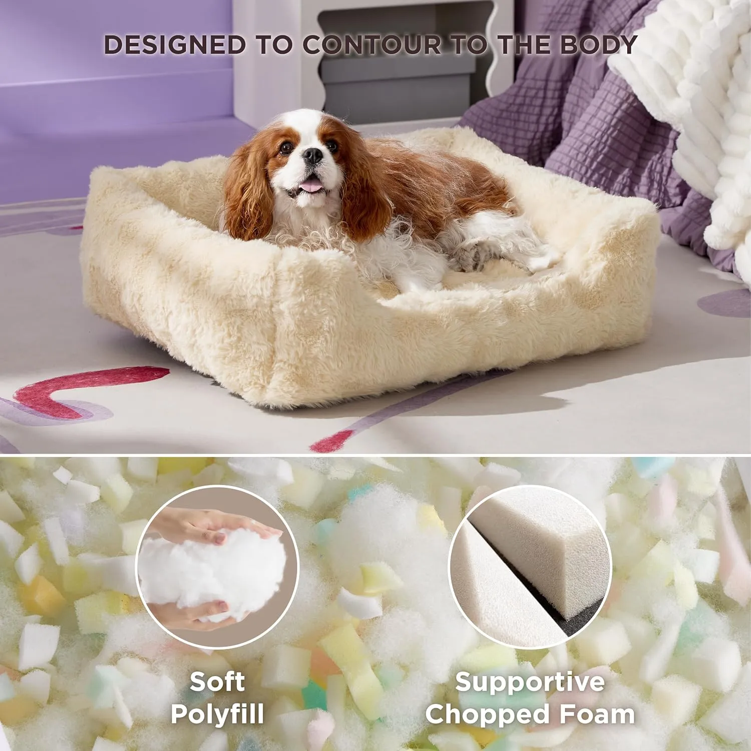 Lesure Fluffy Dog Beds for Medium Dogs - Rectangle Orthopedic Calming Pet Sofa,Plush Bubble Bolster Pet Bed with Removable Washable Cover and Nonskid Bottom,30x24x8inches,Beige