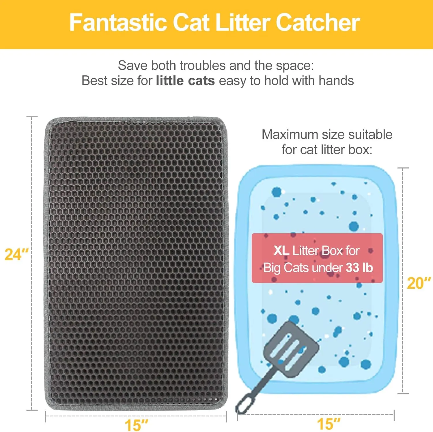 LeToo Cat Litter Mat Grey Trapping for Litter Box, No Slip & Large, Urine & Waterproof, Honeycomb Double Layer Anti Tracking Kitty Mats, No Phthalate, Washable Easy Clean (24" x 15", Grey)