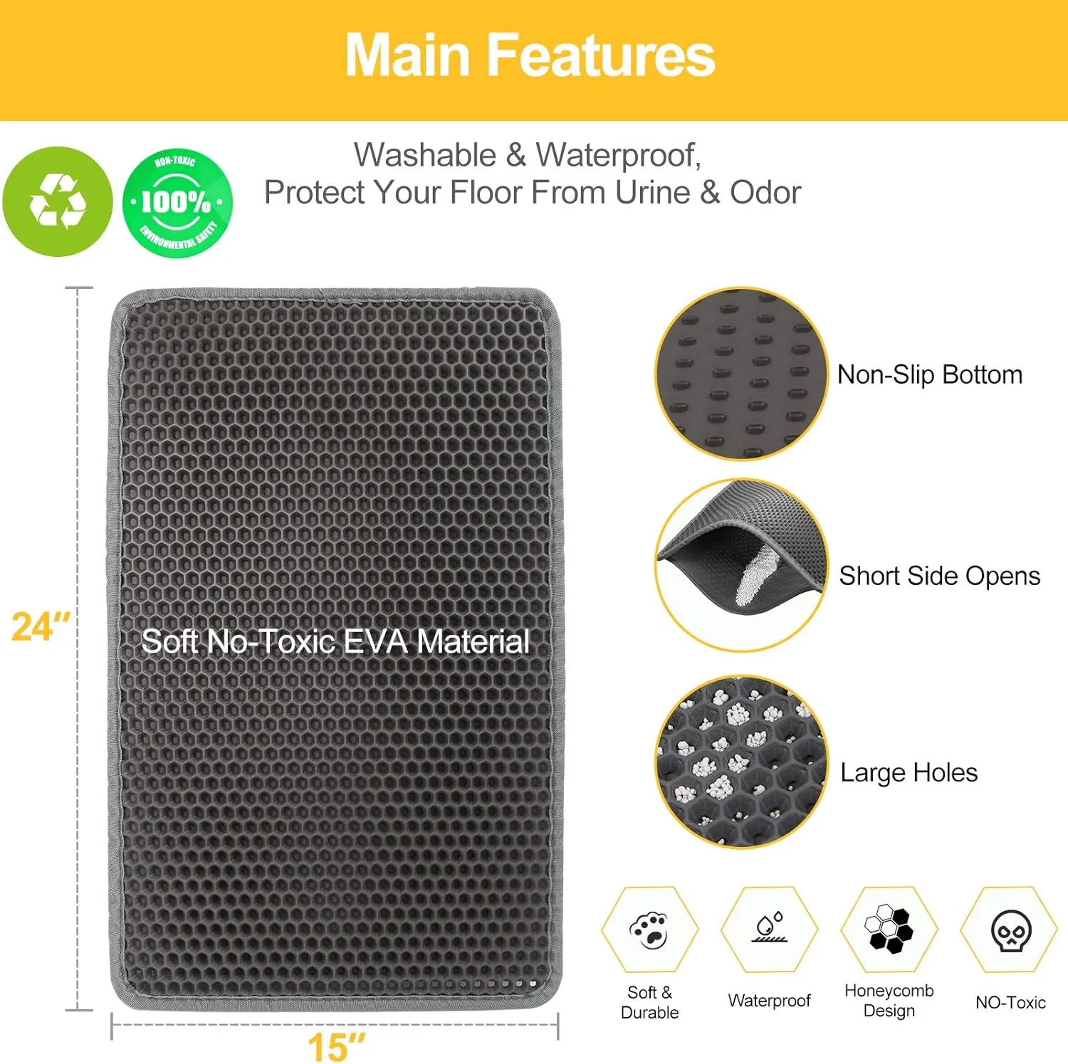 LeToo Cat Litter Mat Grey Trapping for Litter Box, No Slip & Large, Urine & Waterproof, Honeycomb Double Layer Anti Tracking Kitty Mats, No Phthalate, Washable Easy Clean (24" x 15", Grey)