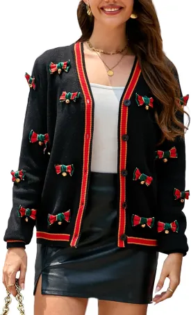 LUBOT Ugly Christmas Sweater for Women Christmas Cardigans Long Sleeve V Neck/Crewneck Xmas Button Down Knit Sweaters
