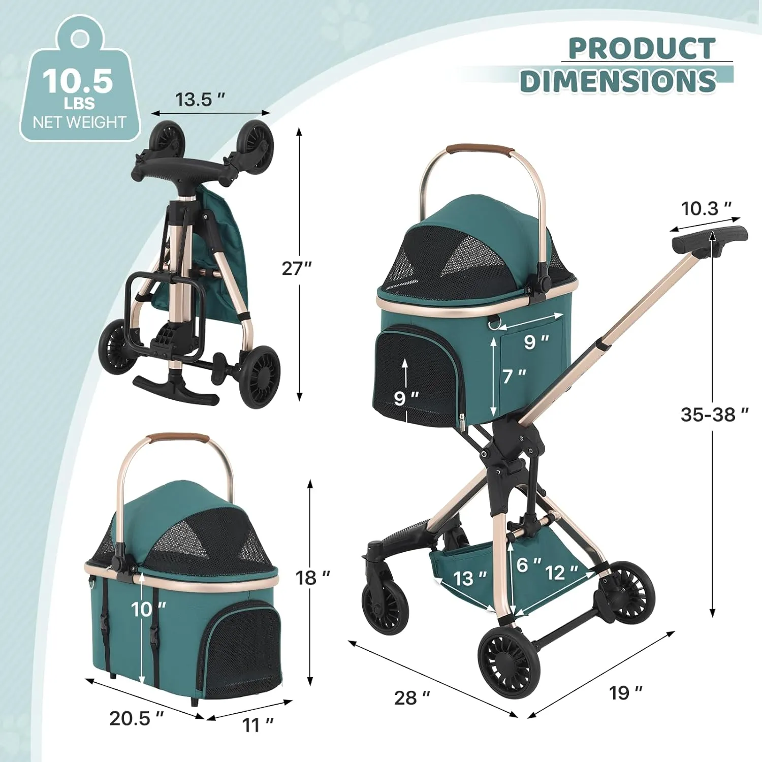 Magshion Dog Stroller for Small Dogs, 3in1 One-Hand-Fold Lightweight Pet Stroller Cat Jogger with Aluminum Frame, Detachable Carrier, Basket Storage, Adjustable Canopy, Hunter Green