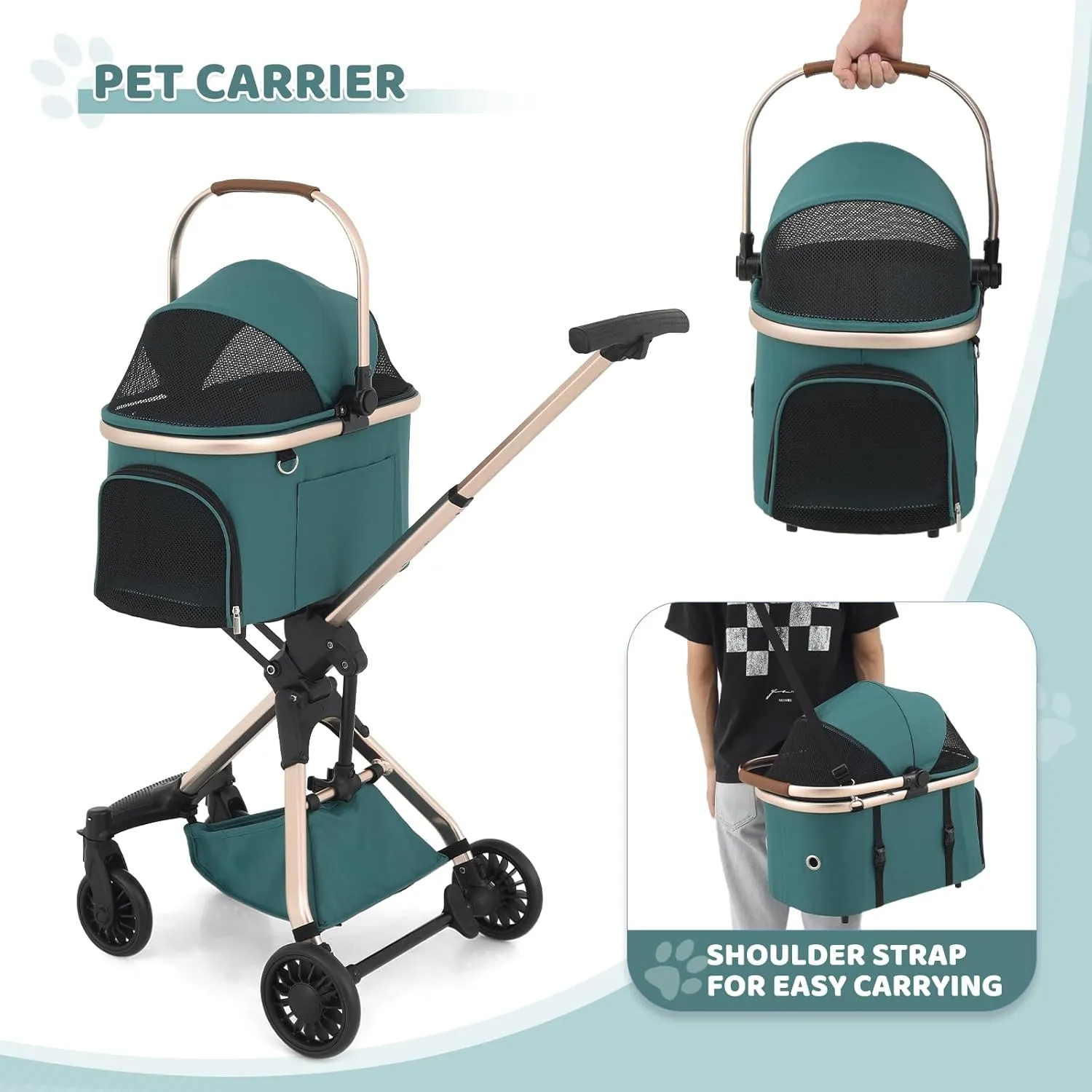 Magshion Dog Stroller for Small Dogs, 3in1 One-Hand-Fold Lightweight Pet Stroller Cat Jogger with Aluminum Frame, Detachable Carrier, Basket Storage, Adjustable Canopy, Hunter Green