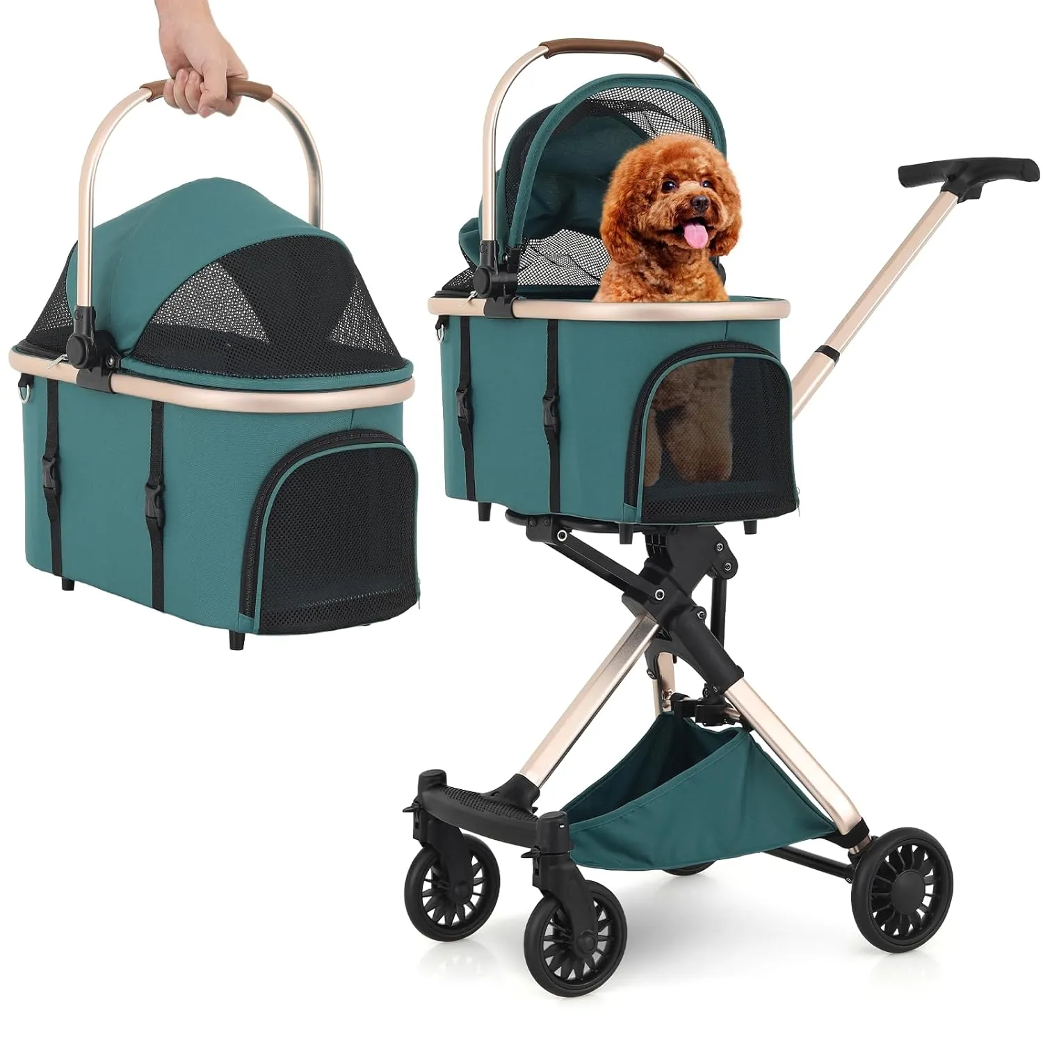 Magshion Dog Stroller for Small Dogs, 3in1 One-Hand-Fold Lightweight Pet Stroller Cat Jogger with Aluminum Frame, Detachable Carrier, Basket Storage, Adjustable Canopy, Hunter Green