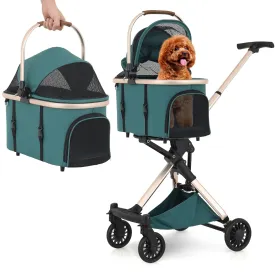 Magshion Dog Stroller for Small Dogs, 3in1 One-Hand-Fold Lightweight Pet Stroller Cat Jogger with Aluminum Frame, Detachable Carrier, Basket Storage, Adjustable Canopy, Hunter Green