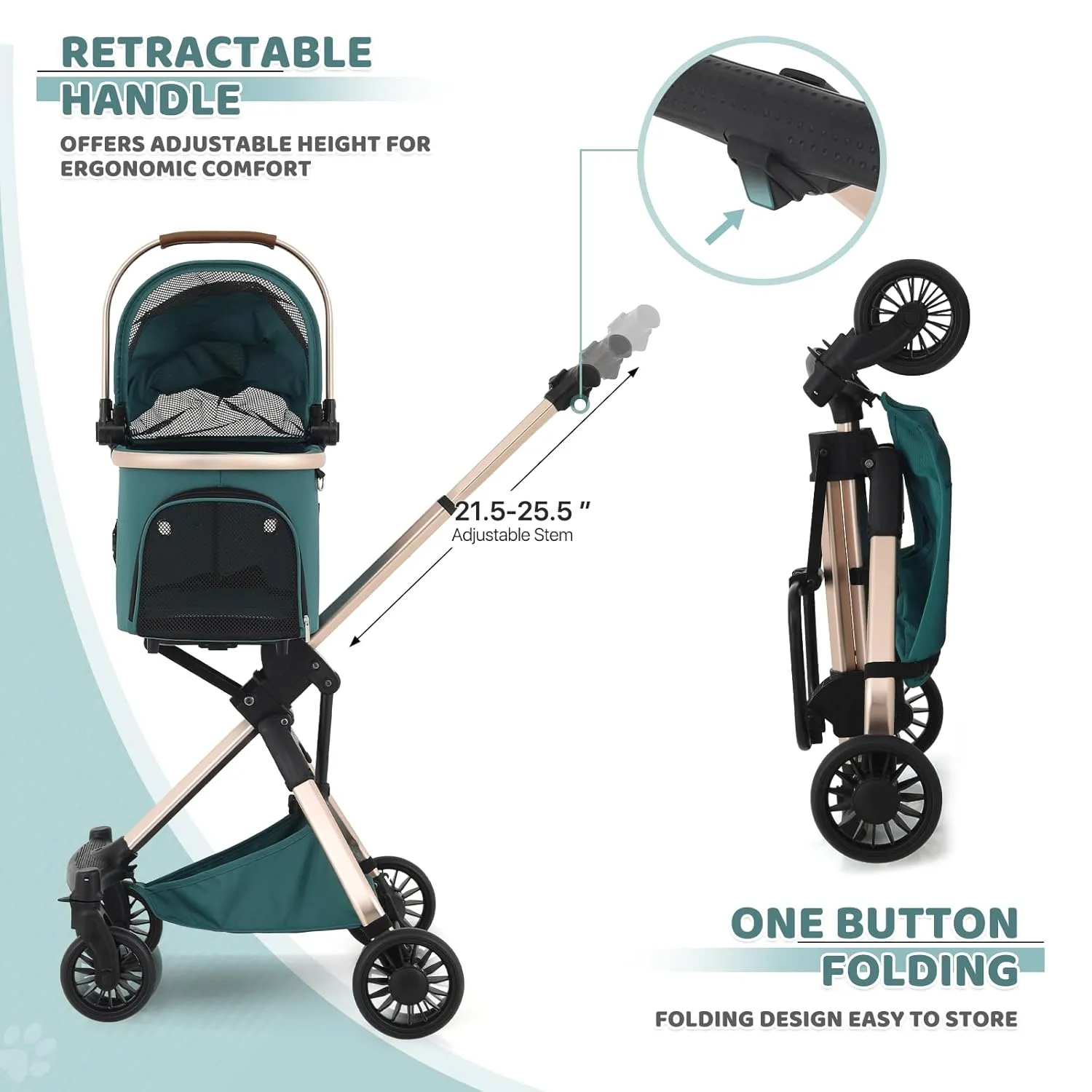 Magshion Dog Stroller for Small Dogs, 3in1 One-Hand-Fold Lightweight Pet Stroller Cat Jogger with Aluminum Frame, Detachable Carrier, Basket Storage, Adjustable Canopy, Hunter Green