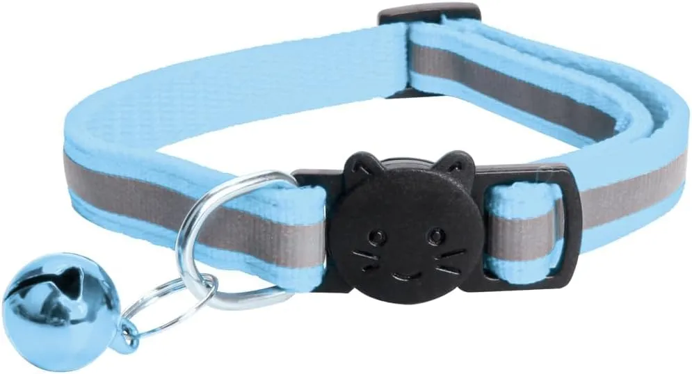 MJIYA Reflective Cat Collar with Bell, Breakaway Grid Collar with Plastic Buckle, Girl Boy Pet Kitty Collars Adjustable 7.5-12.5 Inch (Light Blue)