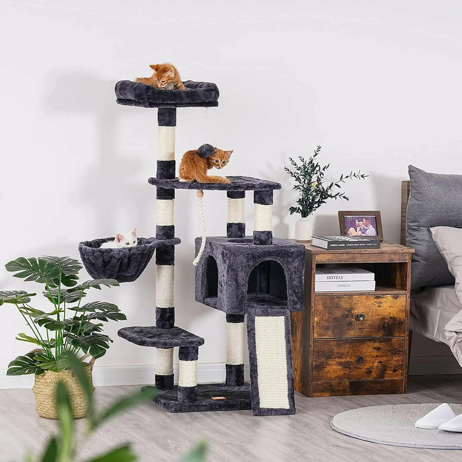 Multi-Level Cat Furniture with Feeding Bowl Smoky Gray