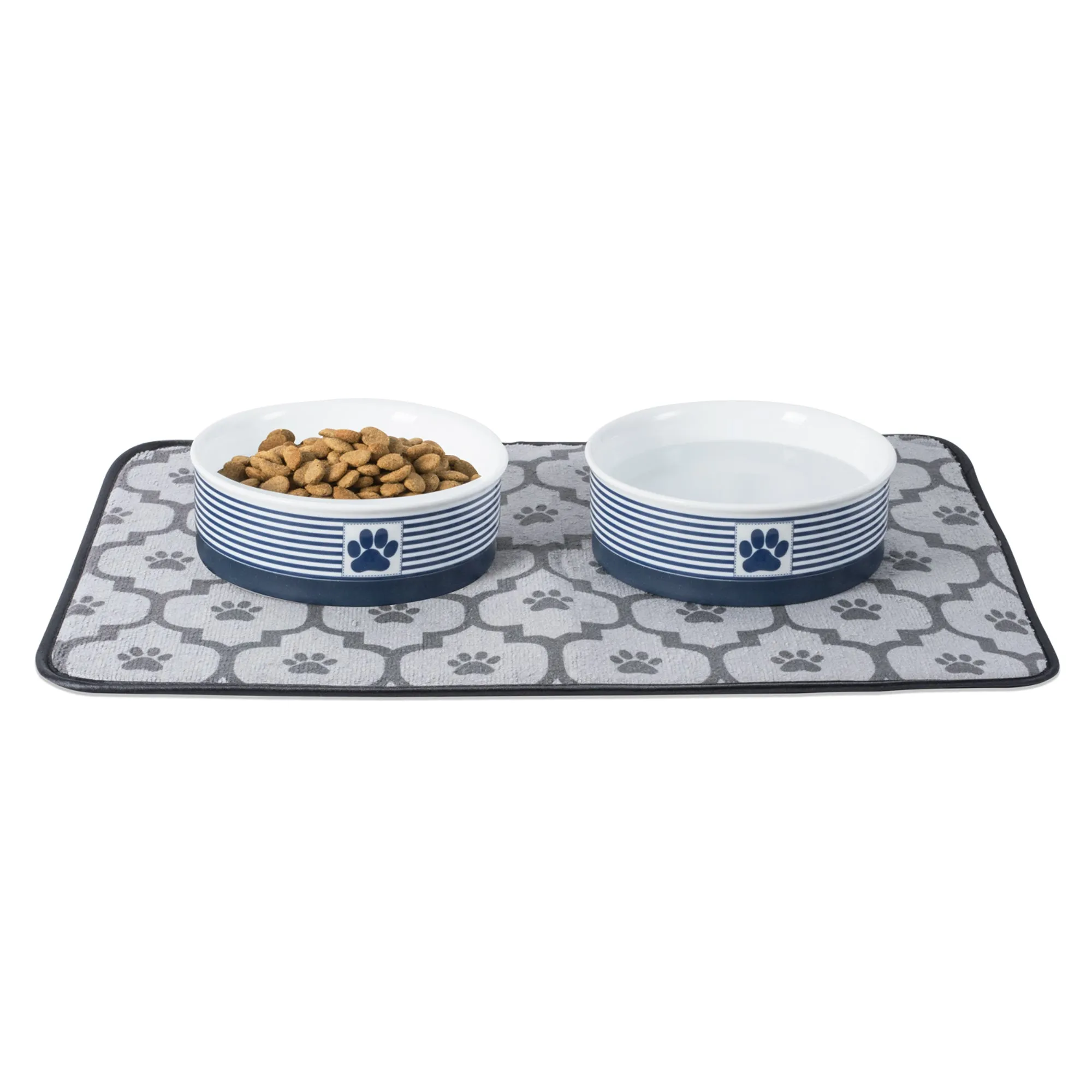 Nautical Blue Striped Paw Patch Pet Bowl Set of 2, Large 3.75 C. Capacity