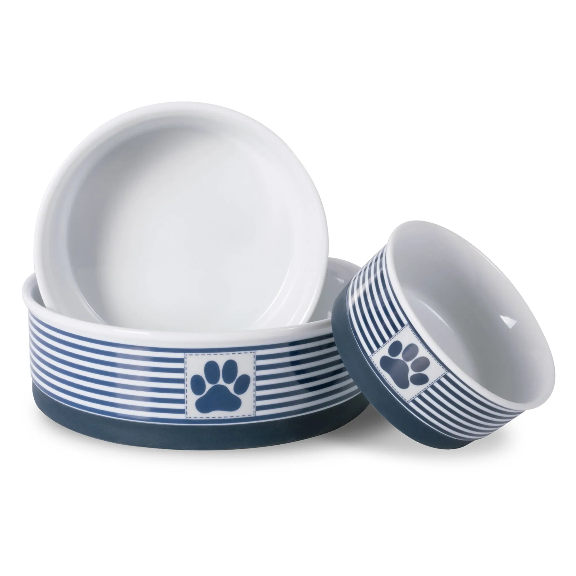 Nautical Blue Striped Paw Patch Pet Bowl Set of 2, Large 3.75 C. Capacity