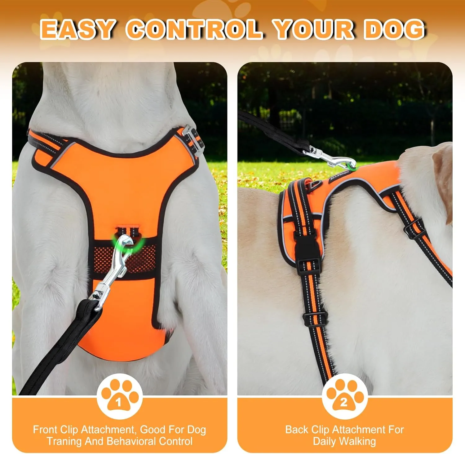 No Pull Dog Harness with 3 Snap Buckles,No Choke Front Lead pet Harness Reflective and Adjustable Soft Padded Vest for Small Medium Large Dog (Orange, Large)