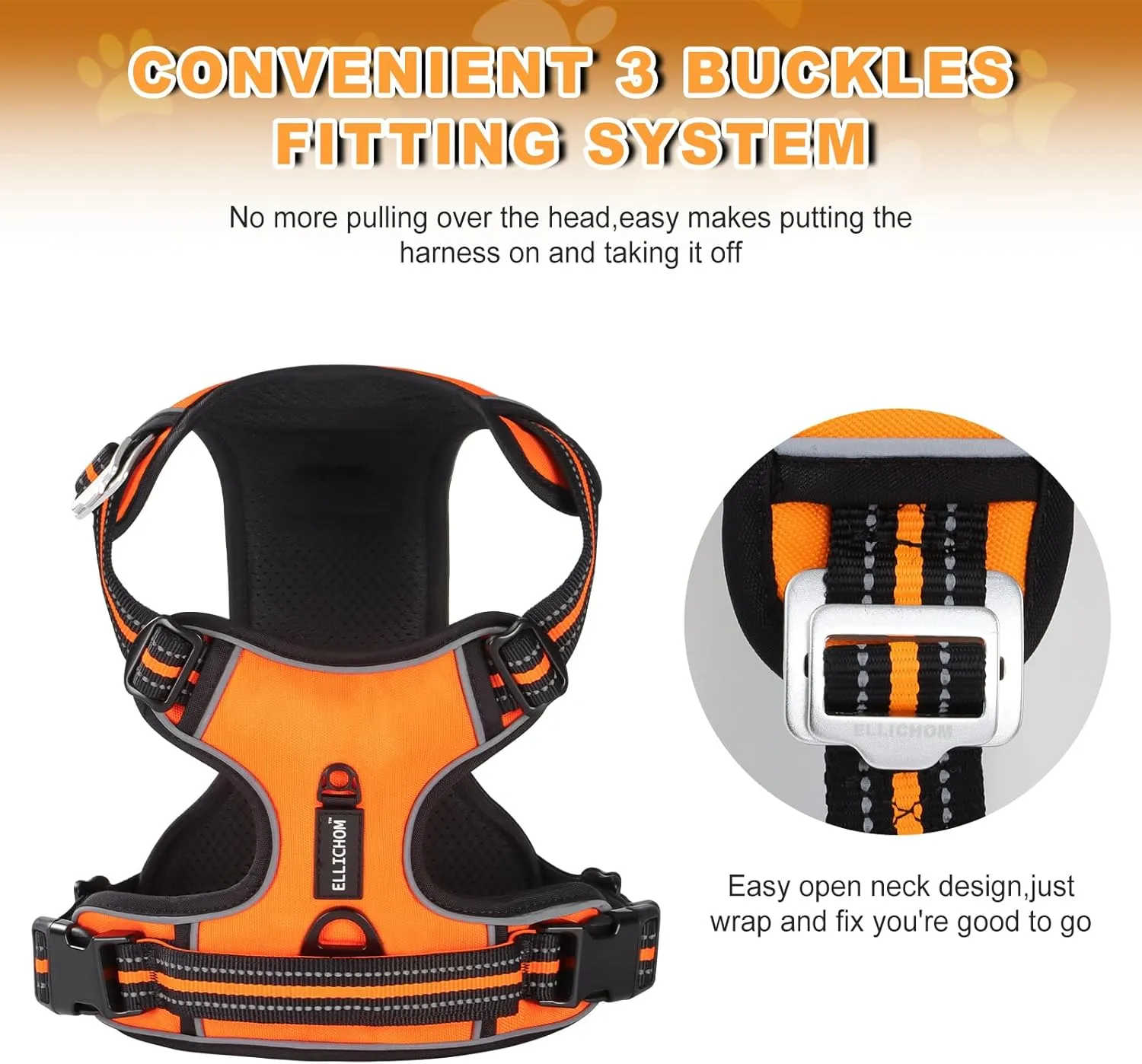 No Pull Dog Harness with 3 Snap Buckles,No Choke Front Lead pet Harness Reflective and Adjustable Soft Padded Vest for Small Medium Large Dog (Orange, Large)
