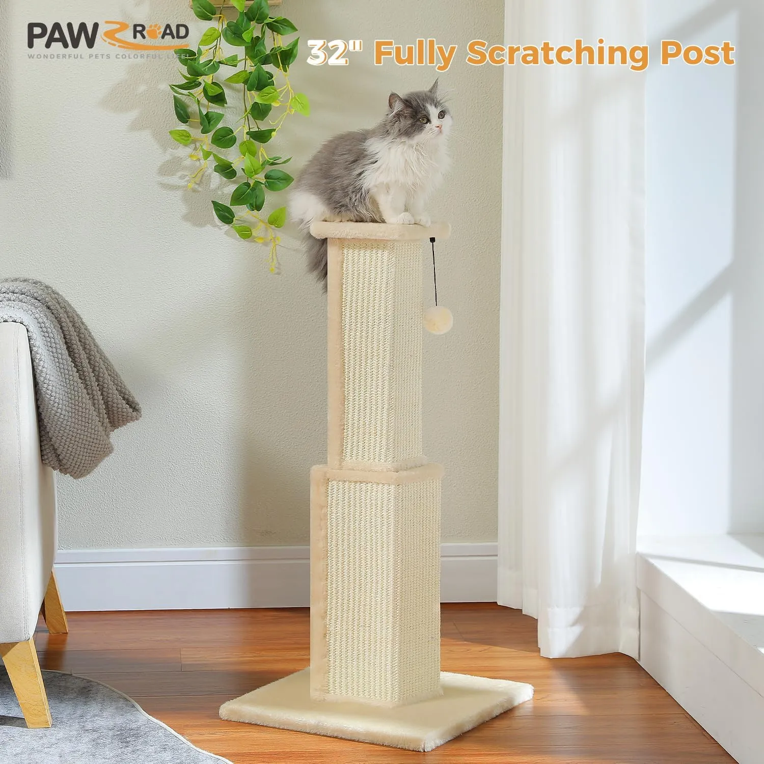 PAWZ Road Large Cat Scratching Post 32 Tall Scratching Post for Indoor Cats Adults Ultimate Scratch Post with Woven Sisal, Large Base and Removable Dangling Ball- Beige