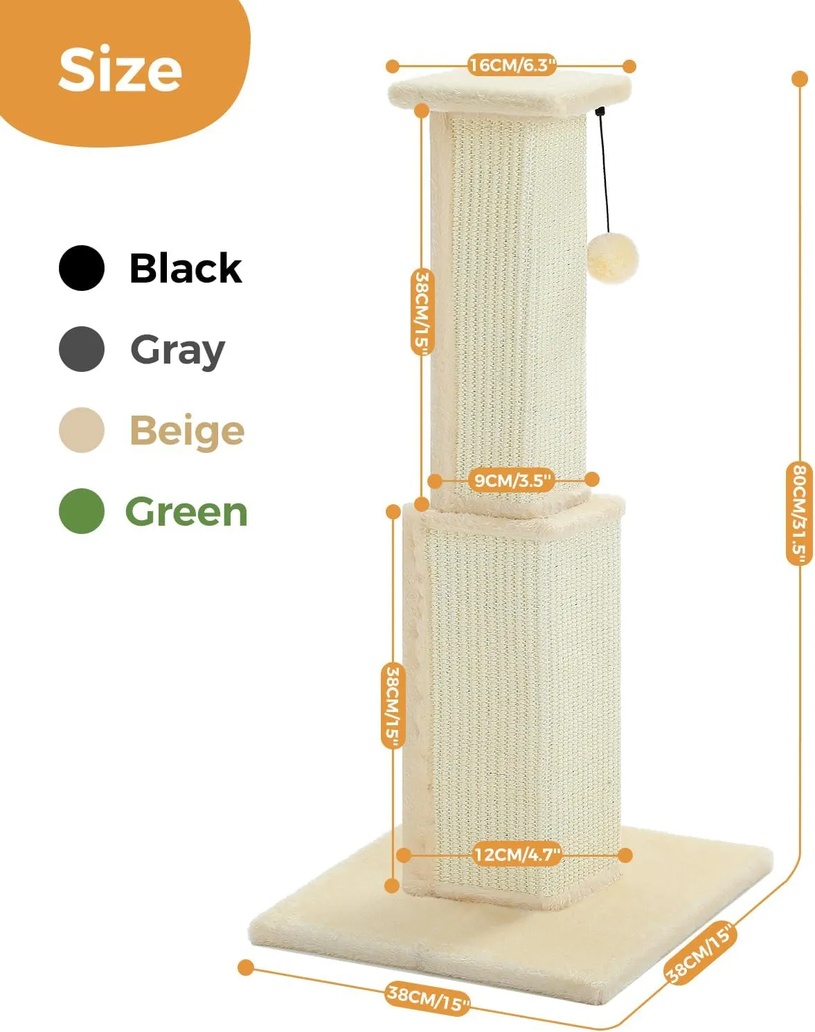 PAWZ Road Large Cat Scratching Post 32 Tall Scratching Post for Indoor Cats Adults Ultimate Scratch Post with Woven Sisal, Large Base and Removable Dangling Ball- Beige