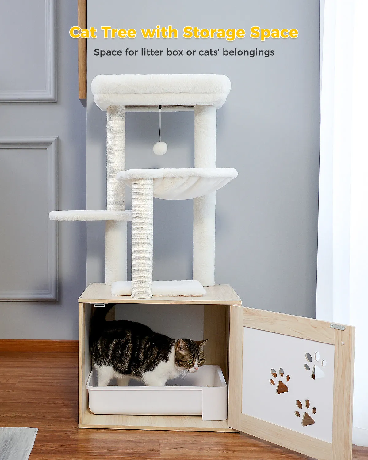 PAWZ Road Luxury Wooden Multifunctional Cat Tree With Enclosure For Standard Litter Box——Beige