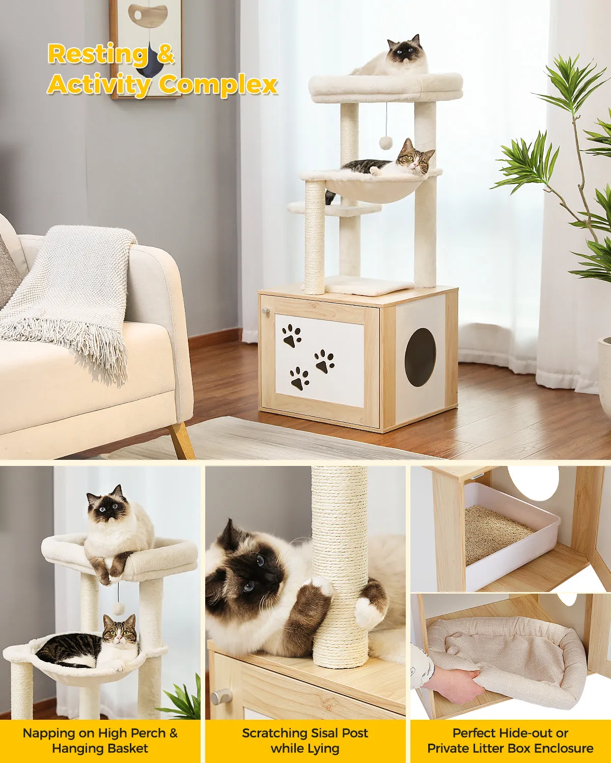 PAWZ Road Luxury Wooden Multifunctional Cat Tree With Enclosure For Standard Litter Box——Beige