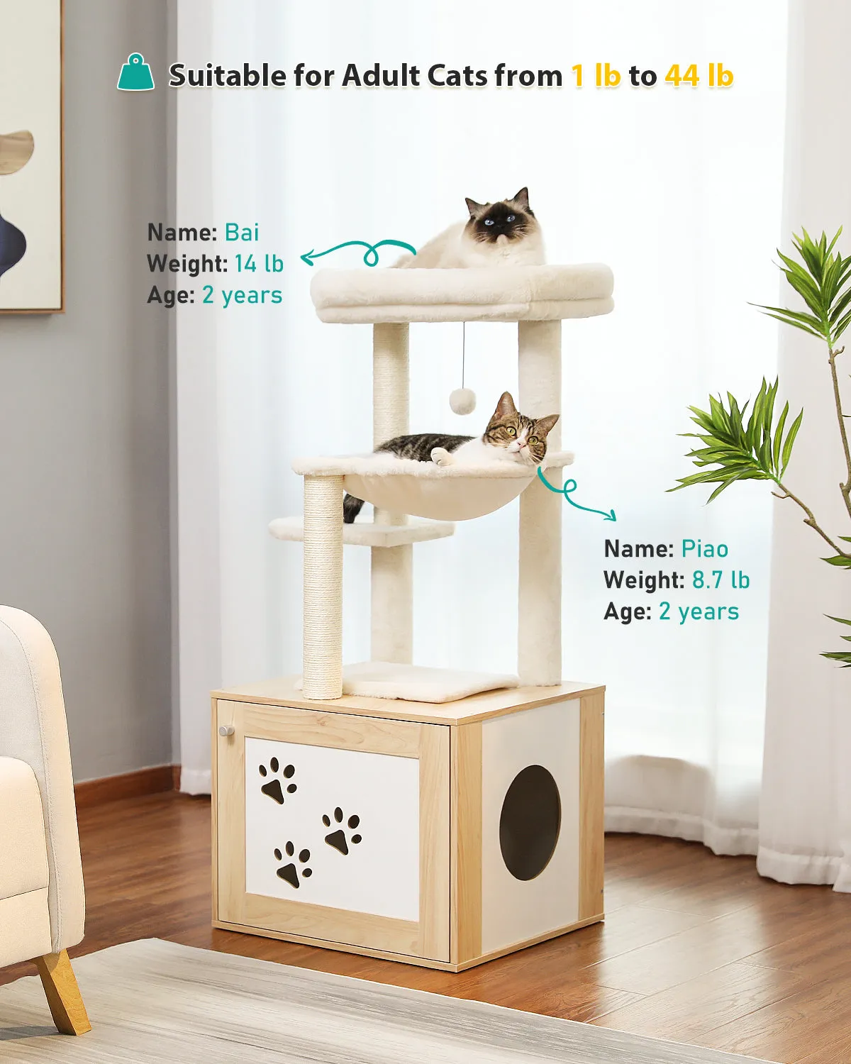 PAWZ Road Luxury Wooden Multifunctional Cat Tree With Enclosure For Standard Litter Box——Beige