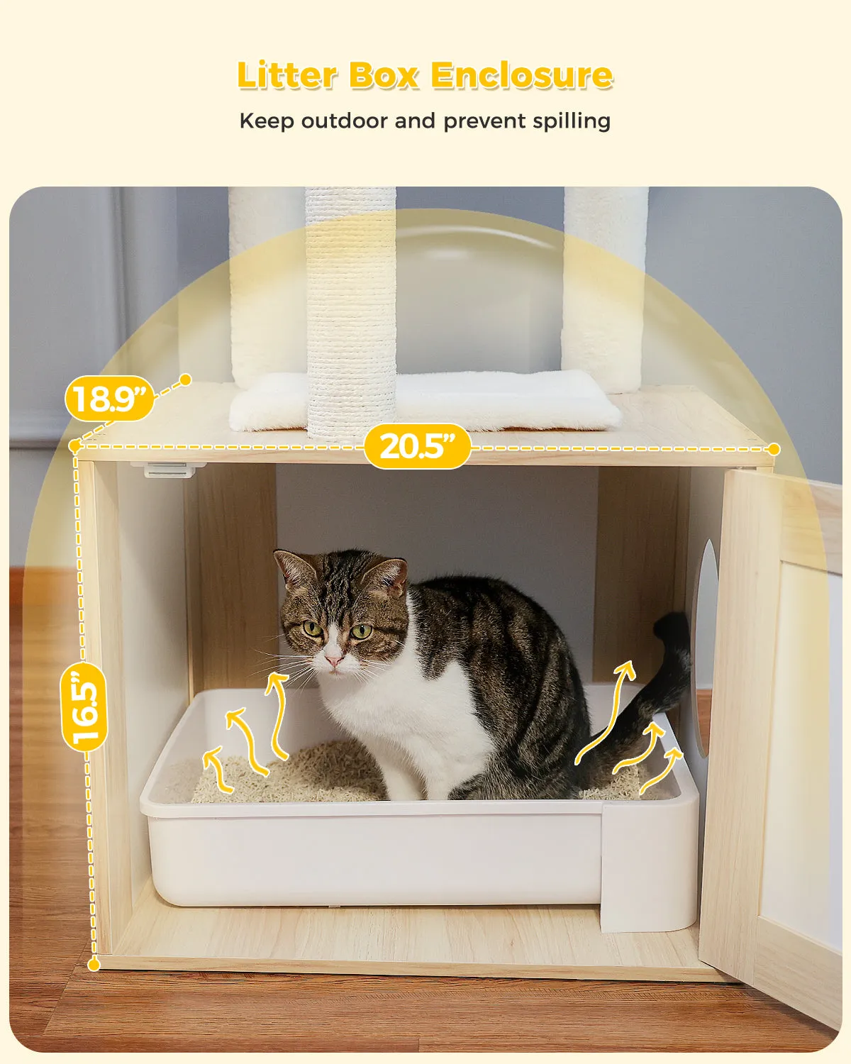 PAWZ Road Luxury Wooden Multifunctional Cat Tree With Enclosure For Standard Litter Box——Beige