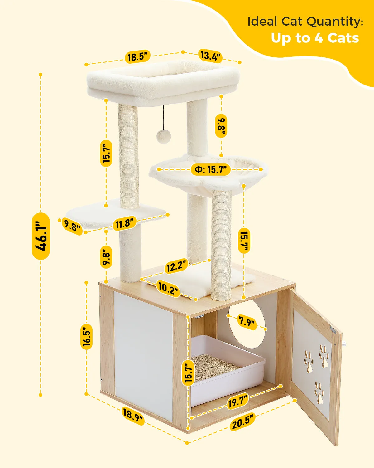 PAWZ Road Luxury Wooden Multifunctional Cat Tree With Enclosure For Standard Litter Box——Beige