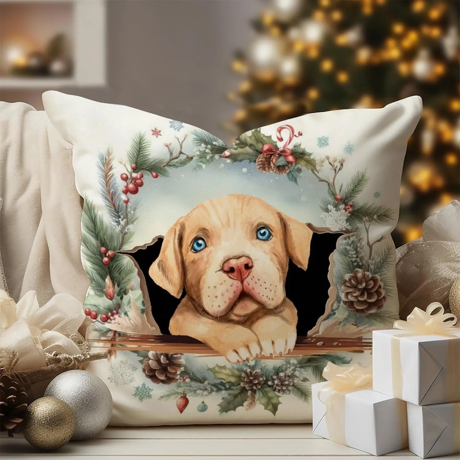 Pet Owner Gift Throw Pillow Cover American Pit Bull Terrier Decorative Pillow Covers American Pit Bull Terrier Peeking Dog in Crack Throw Pillows for Bedroom Sofa Couch 26x26in