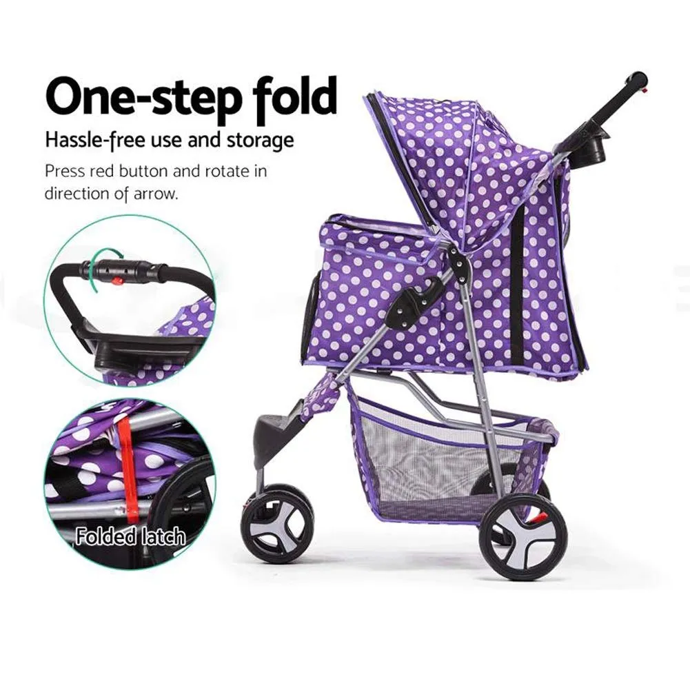 Pet Stroller Cart, One-Click Folding Removable Cat Dog Pushchair Trolley Travel Carrier 4 Wheels, Storage Basket, Front Swivel Wheels (Red)