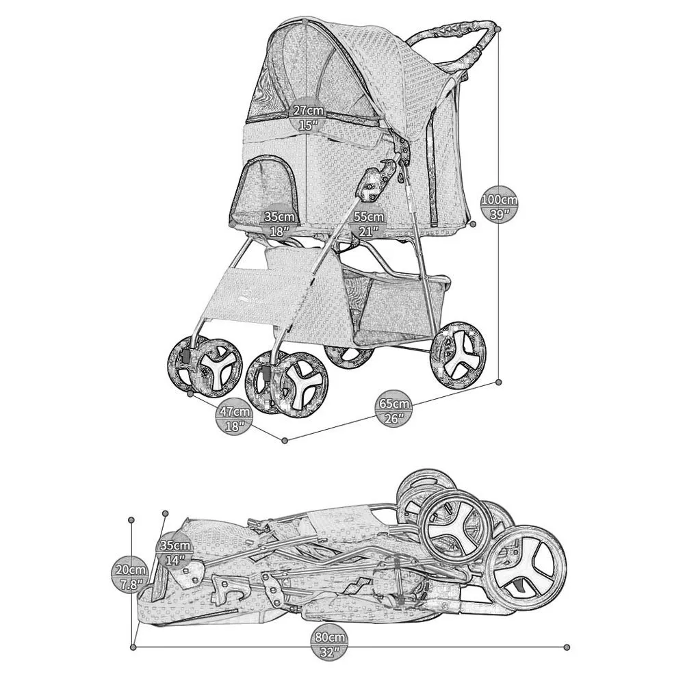 Pet Stroller Cart, One-Click Folding Removable Cat Dog Pushchair Trolley Travel Carrier 4 Wheels, Storage Basket, Front Swivel Wheels (Red)