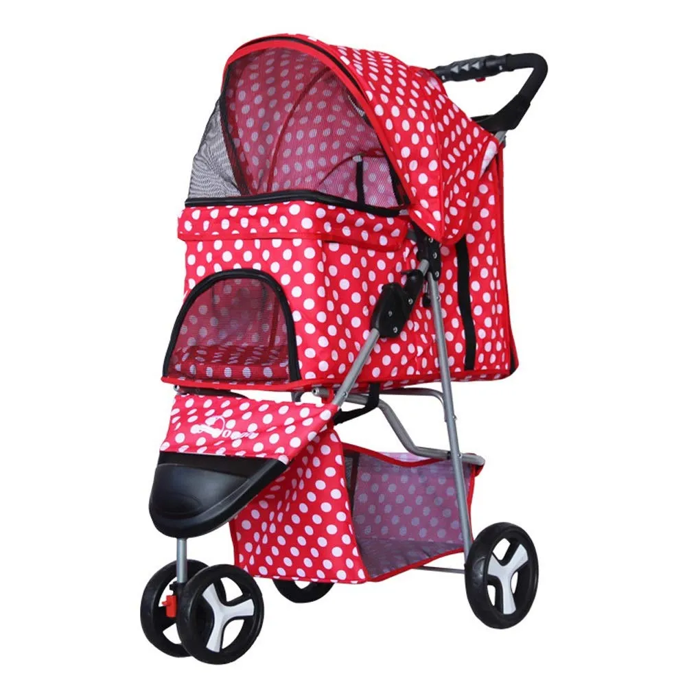 Pet Stroller Cart, One-Click Folding Removable Cat Dog Pushchair Trolley Travel Carrier 4 Wheels, Storage Basket, Front Swivel Wheels (Red)