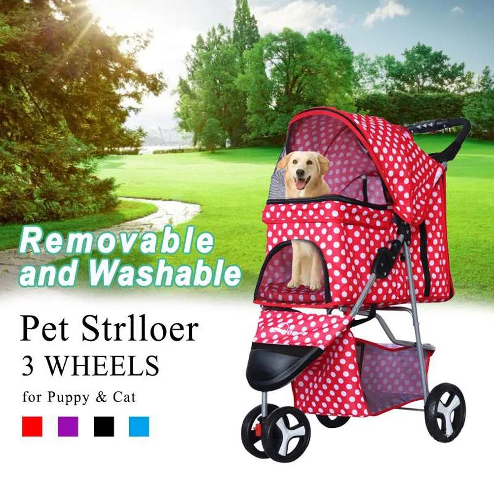 Pet Stroller Cart, One-Click Folding Removable Cat Dog Pushchair Trolley Travel Carrier 4 Wheels, Storage Basket, Front Swivel Wheels (Red)