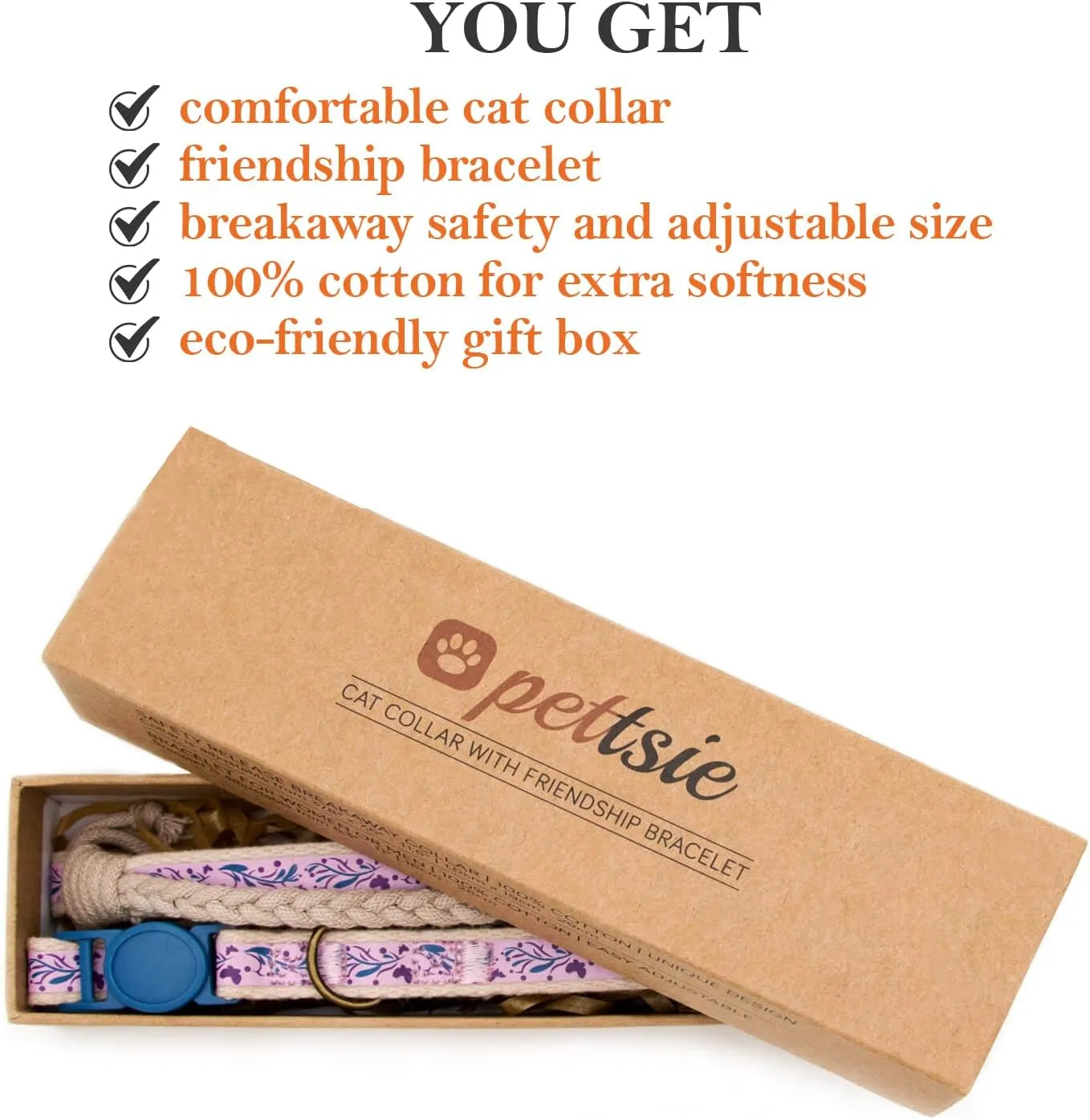 Pettsie Breakaway Cat Collar & Matching Friendship Bracelet  Adjustable, Soft Cotton Collar for Cats, Quick-Release Safety Buckle, Lightweight, Stylish, Anti-Lost ID Tag, Purple