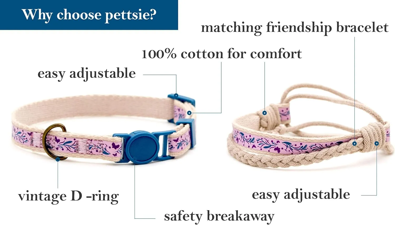 Pettsie Breakaway Cat Collar & Matching Friendship Bracelet  Adjustable, Soft Cotton Collar for Cats, Quick-Release Safety Buckle, Lightweight, Stylish, Anti-Lost ID Tag, Purple