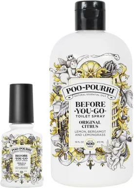 Poo-Pourri Before-You-Go Toilet Spray, Original Citrus Bundle, 2 Fl Oz   Refill Bottle 16 Fl Oz - Lemon, Bergamot and Lemongrass
